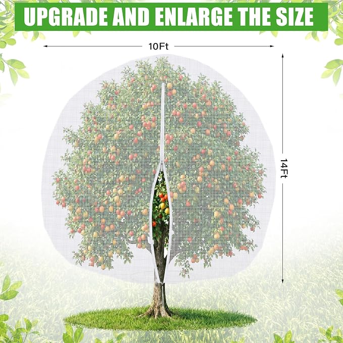 2 Pcs 10 x 14 ft Large Fruit Tree Netting for Protecting Fruit from Squirrels Birds Bug Deer & Rat Garden Mesh Netting with Zipper and Drawstring for Blueberry Peach Apple Garden Bushes