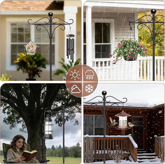 63" Adjustable Shepherd Hook Stand with Round Base Stand for Wind Chime, Bird Feeder, Lantern for Indoor & Outdoor Garden Patio Home Decor. (Double Shepherd's Hook, 63, Inches)