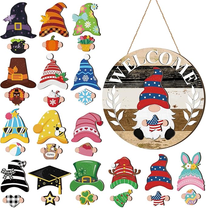 Qunclay Interchangeable Wooden Gnome Decor Holiday Seasonal Gnome Decorations with Magnet Pieces and Detachable Hats Changeable Welcome Sign for Home(Black White Grey)