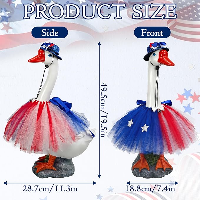 Porch Goose Statue with 4th of July Outfits - 19.5" Garden Resin Goose Decorative Figurine Cute Sculpture Indoor Outdoor Independence Day Decoration for Patio Lawn Yard Balcony Decor