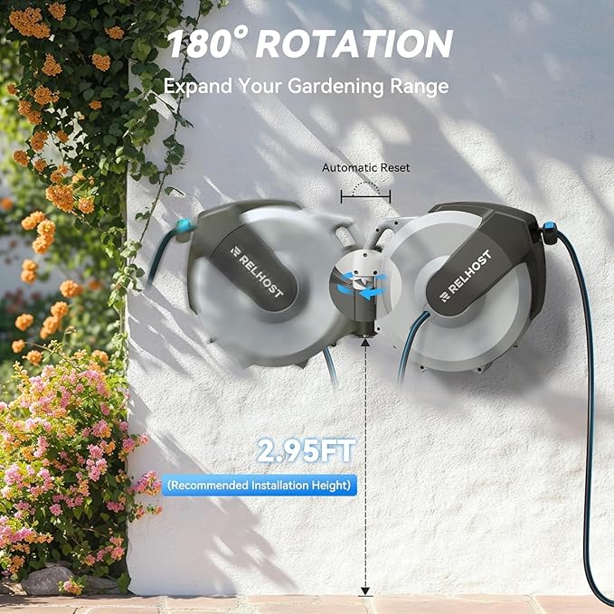 Relhost Retractable Garden Hose Reel, 1/2 in x 100 ft Wall Mount Heavy Duty Hose Reel with Any-Length Lock, Auto Rewind System, 180° Swivel Bracket, and 10-Pattern Nozzle for Garden, White & Grey