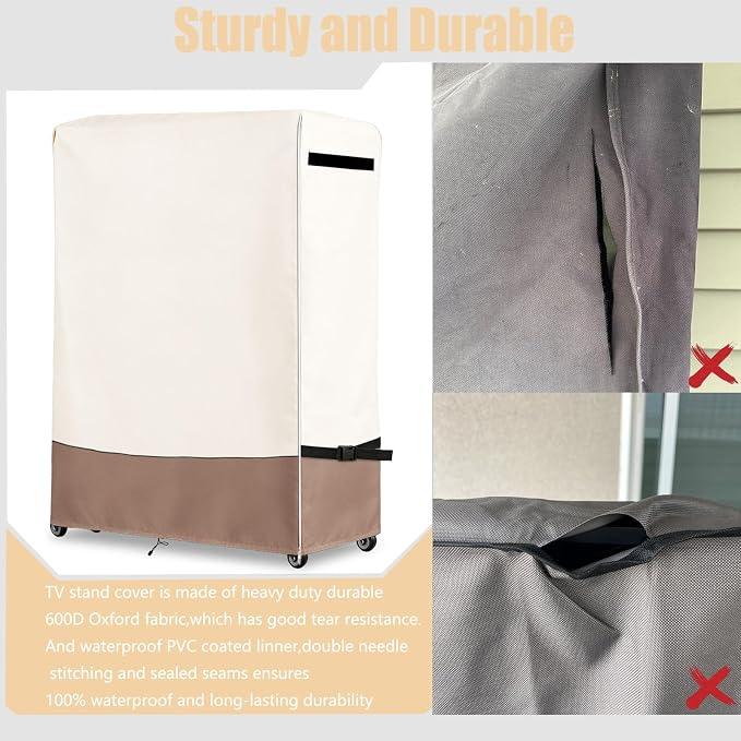 59 Inch Outdoor Waterproof TV Trolley Cover,Heavy Duty 600D Rolling TV Stand Cover with Zipper Easy to Ioad and Unload for 60-65 Inch TV,59"Lx15"Wx55"H,Beige