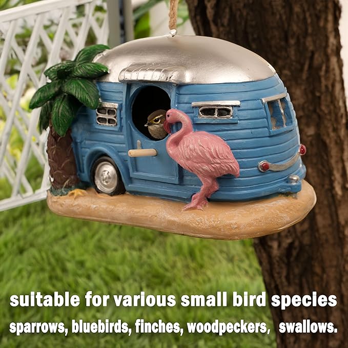 Bird Houses for Outside, Decorative Cute Resin Flamingo RV Hanging Bird House for Outdoor Patio Garden
