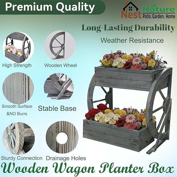 2 Tier Medium Wooden Wagon Planter Box|Outdoor Planter/Flower Pot for Indoor&Outdoor Plants-Rustic Garden Planter for Patio,Porch&Garden Decor-Raised Garden Bed for Succulents,Herbs,Vegetables