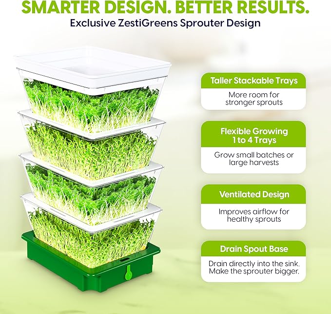 ZESTIGREENS 4-Tier Sprouting Kit - Stackable Seed Sprouter Trays with Drain Spout - Grow Fresh Sprouts at Home - BPA-Free