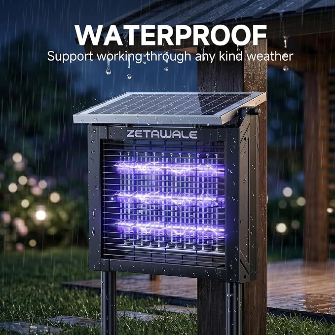 Solar Powered Bug Zapper Outdoor, 4500V Mosquito Trap with 10W Solar Panel, Fly Trap & Mosquito Killer, Dusk-to-Dawn Auto, IPX5 Waterproof, 2100 Sq.Ft Coverage for Patio, Backyard, Garden