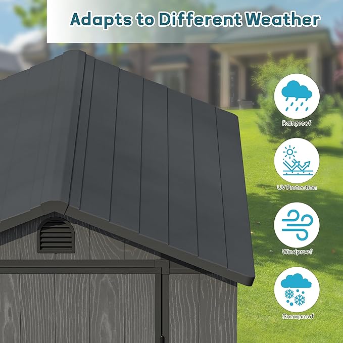 Greesum 4x6FT Plastic Storage Shed with Floor, Resin Outdoor Storaged Sheds with Lockable Door, All Weather Tool Shed with Window and Vent, Easy Assembly for Garden, Backyard, Patio, Dark Gray
