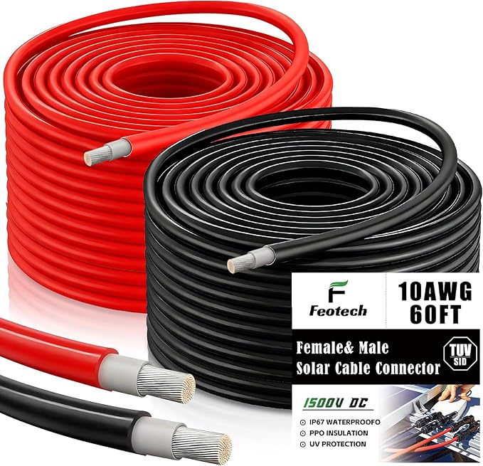 Twin Wire Solar Extension Cable 60FT - 10AWG (6mm²) Solar Panel Tinned Copper Wire for Outdoor, Automotive, RV, Boat and Marine Use - Black & Red