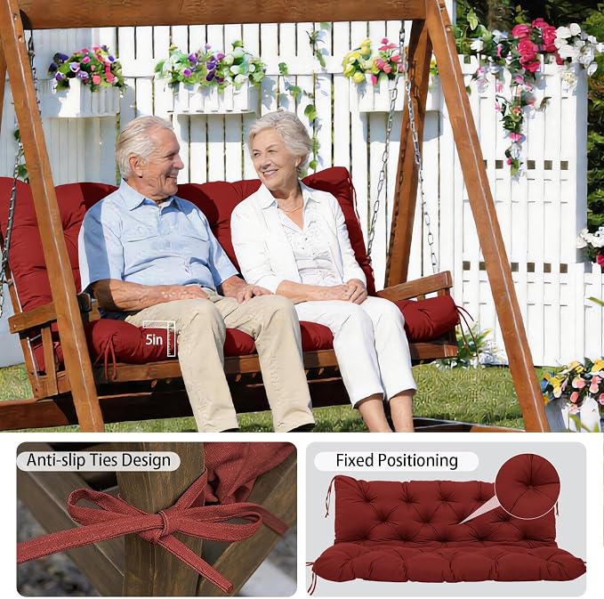 5 Inch Thick Waterproof Patio Porch Swing Cushions, 60x40 Inch 3 Seater Replacement Cushion with Backrest & 8 Ties, Fade-Resistant Outdoor Bench Swing Pad