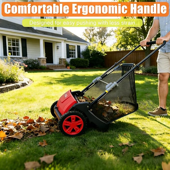 Garvee Push Lawn Sweeper 21-Inch Manual, Leaf Sweeper for Yard & Lawn with 3.5 Cu. Ft. Hopper Bag, Height-Adjustable Brushes for Driveways & Grass, Space-Saving Foldable Design