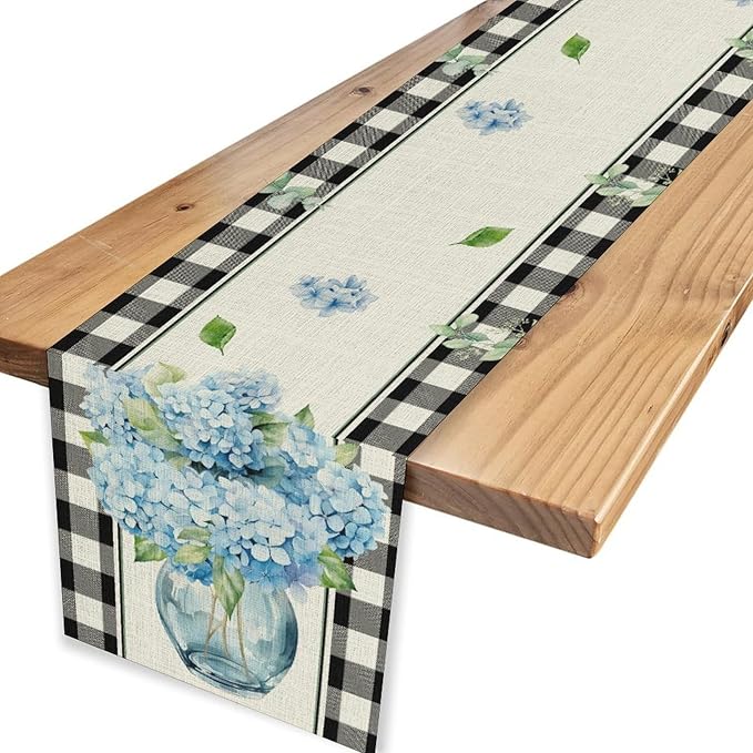 Pink Hydrangea Table Runner, Rustic Spring Floral Watercolor Butterfly Summer Seasonal Boho Flower Coffee Table Center Decor for Family Kitchen and Dining Party Farmhouse Table Decorations, 13"x108"