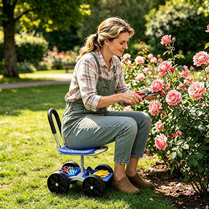 Rolling Garden Cart with 360° Swivel Seat, Garden Stool with Under-Seat Tray, 6” All-terrain Wheels, Height Adjustment, Use for Patio, Yard, and Outdoors, Gardening Gifts for Women, Parents, Seniors
