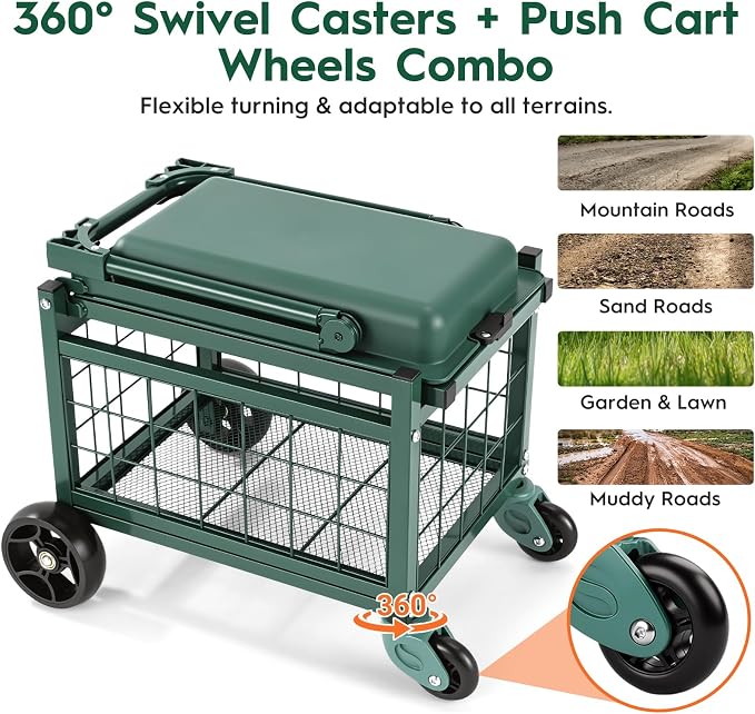 Rolling Garden Cart with Seat, Metal Garden Work Seat with 360° Swivel Wheels, Storage Basket, Workbench, and Tool Bag, Upgraded Heavy Duty Gardening Wagon and Stool for Seniors