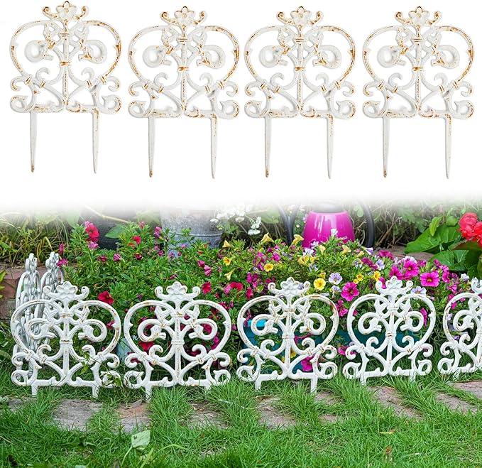 Sungmor Decorative Cast Iron Garden Edging, 4 Pack Rustic White Victorian Garden Edging Landscape Border, Vintage Metal Yard Stake Low Picket Fence, 11.8" Tall Outdoor Flower Bed Lawn Fence Panels