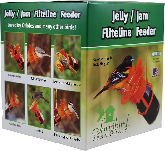 Songbird Essentials Jelly Bird Feeder, Oriole Feeder, Easy to Fill with Jelly or Jam, Plastic Jar Included. Fits Most 10-12 Ounce Jelly Jars