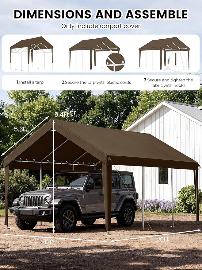 12 x 20 Ft Carport Replacement Cover, Heavy Duty Outdoor Car Tarp Canopy, Waterproof & UV Protected Tear Oxford Tarp with Ball Bungees (Frame is Not Included)