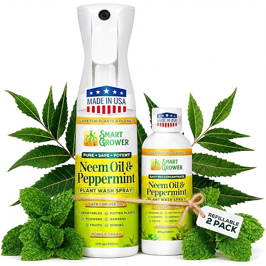 Neem Oil Spray for Plants with Peppermint Oil, Refillable Combo Pack Continuous Sprayer 10oz + 4oz Concentrate Refill – Makes 6 Bottles, Natural Plant Wash for Indoor & Outdoor Plants – Smart Grower