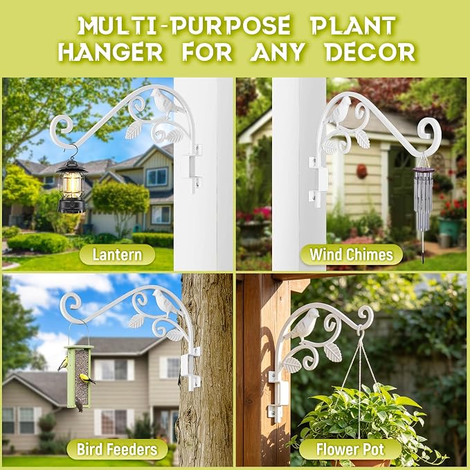 4 Pack 15" Swivel Plant Hangers Outdoor, 6-Angle Adjustable Wall Mount | 30LB Load Solid Iron Plant Hooks for Wall,Planters,Flower Pots,Bird Feeders,Lanterns,Wind Chimes,Indoor and Outdoor use White