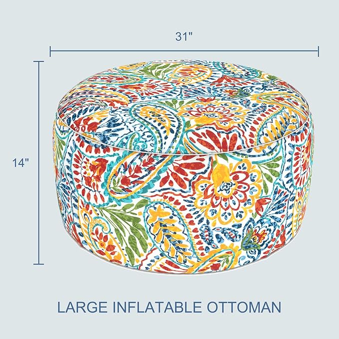 LVTXIII Indoor/Outdoor Large Inflatable Ottoman Pouf D31 x H14 Inch, Round Footstool with Handle, Weather-Resistant Portable Furniture for Patio, Camping, Beach, Paisley Multi