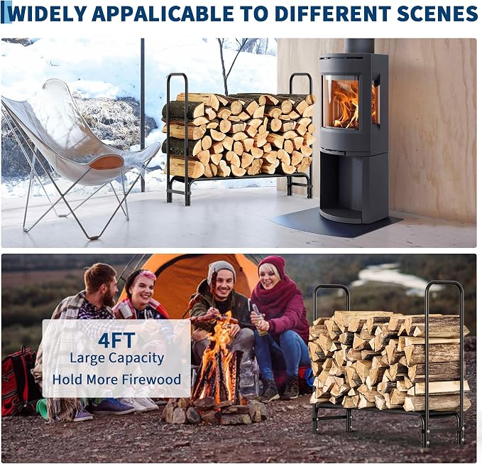 4ft Firewood Rack Holder, Heavy Duty Fire Log Stacker Stand for Fireplace, Outdoor Indoor Metal Wood Pile Storage Organizer, Patio Logs Stand tool, Black