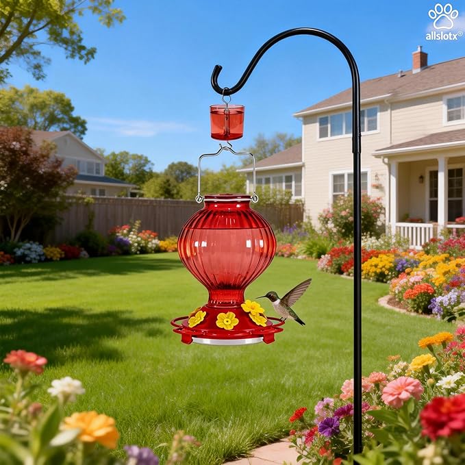 Glass Hummingbird Feeder for Outdoors Hanging, 38 oz Nectar Capacity, 6 Feeding Ports, Leak-Proof Rust-Free Plastic Base, Easy to Refill & Clean, Decorative Red Glass Bird Feeder for Garden Patio