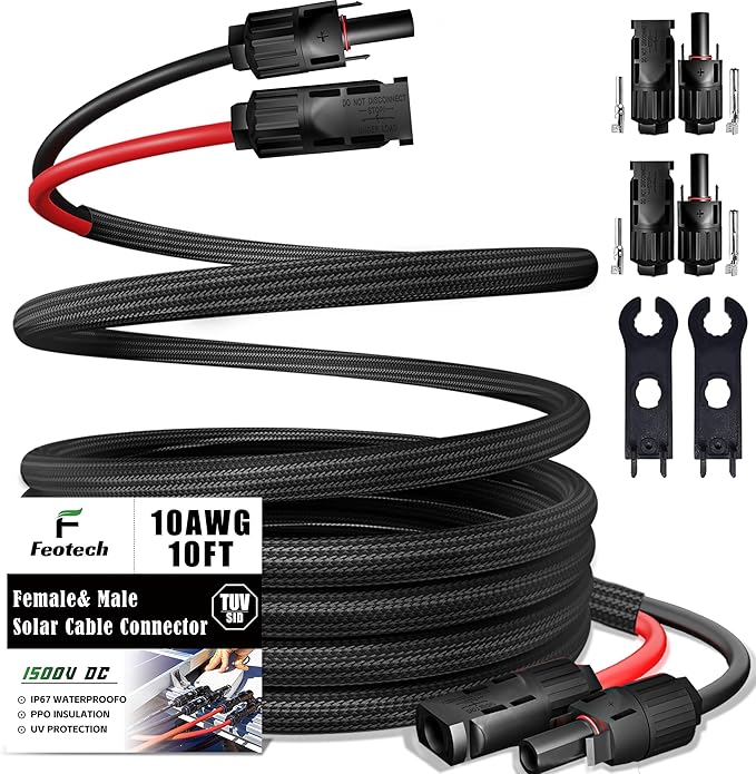 Twin Wire 10 Feet Solar Extension Cable 10AWG with -IP67- Female and Male Connector, Bonus Two Pairs of Free Connector Solar Panel Adapter kit Tools (4 Pairs connectors)