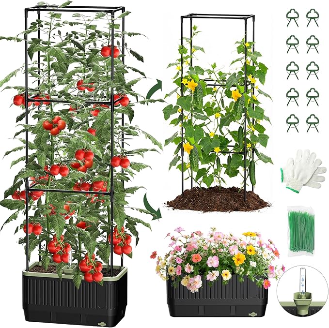Self Watering Tomato Planter with Trellis, Rectangular Tomato Cages Trellis for Raised Garden Bed, Tomato Planters Box for Garden Pots Patio Indoor Outdoor (Rectangular, 1PC)