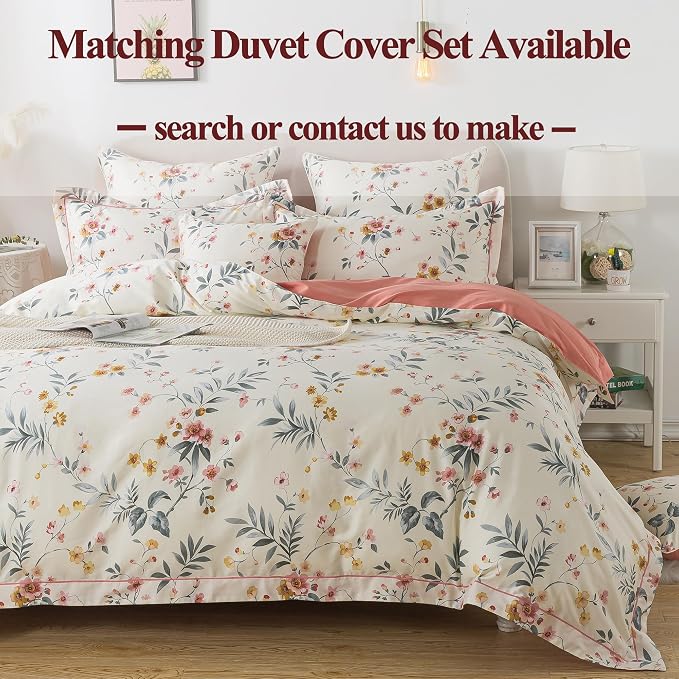 FADFAY Floral Sheets Set Full Vintage Pink Floral Bedding Shabby Beige Elegant Botanical Sheets Rustic Farmhouse Bedding 800 Thread Count 100% Egyptian Cotton Deep Pocket Fitted Sheet 4Pcs, Full Size