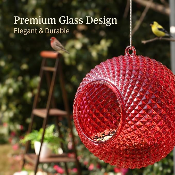 Topadorn Wild Bird Feeder Fly Through Garden Hanging Bird Feeder Mosaic Circle Squirrel Proof for Outdoor Decoration, Red