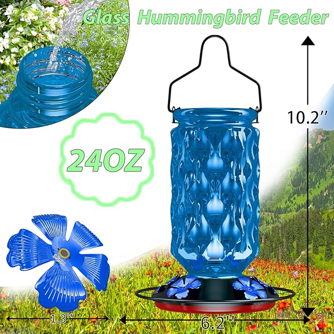 24OZ Glass Hummingbird Feeders for Outdoors Hanging,Five Feeding Ports with Perch, Leak Proof for Gardens Decor Backyard, Bird Feeder for Outside, Birthday Gifts for Women Men, Gifts for Mom Dad