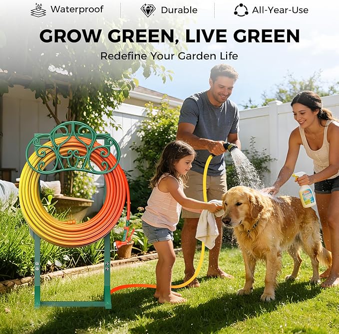 Garden Hose Holder with 2 Tool Hooks Heavy-Duty Freestanding Water Hose Holder Holds 160Ft Hoses, Rustproof Freestanding Hose Stand with 4 Spikes Hose Hanger Storage Rack for Outside, Yard, Lawn