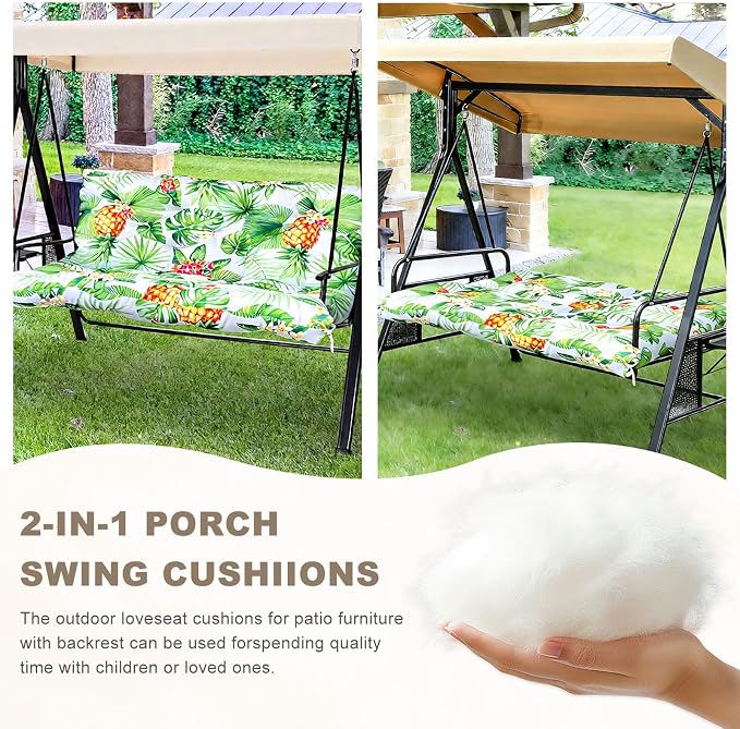 Porch Swing Cushion with Backrest,Waterproof Bench Cushion for Outdoor Furniture,2-3 Seater Replacement Thickened Swing Cushion with Ties,Patio,Outdoor,Backyard and Garden (Tropical Pineapple,40x40")