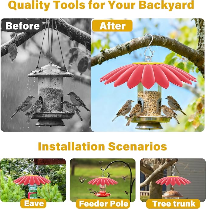 10.5 inch Hummingbird Feeder Shade Dome Cover,Rain Guard,Weather Guard for Bird Feeder, Umbrella Cover for Bird House for Outdoor,Squirrel Baffle,Flower Design(Red) 4 Pack.