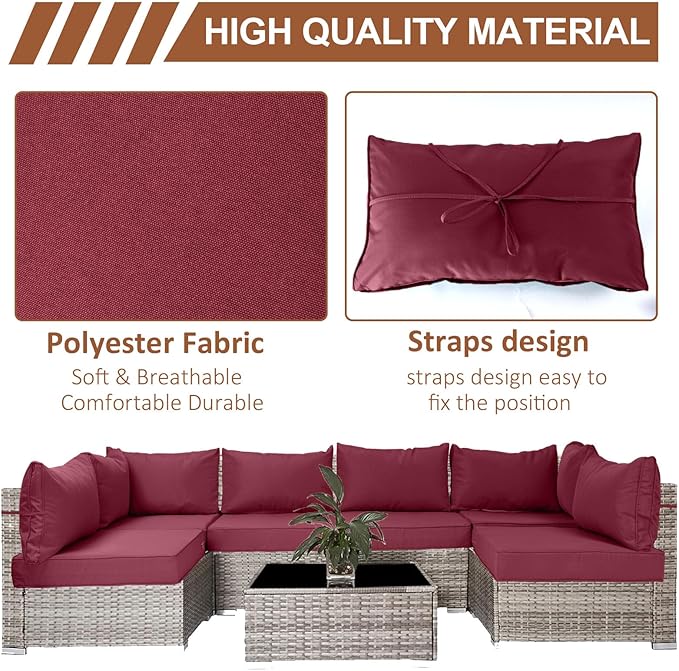 14 Piece Outdoor Patio Cushion Covers Replacement, Waterproof Outdoor Furniture Cushion Covers, Fit 7 Pcs 6 Seater Wicker Rattan Conversation Sofa Set,Burgundy(Only Cover) 25.6x25.6