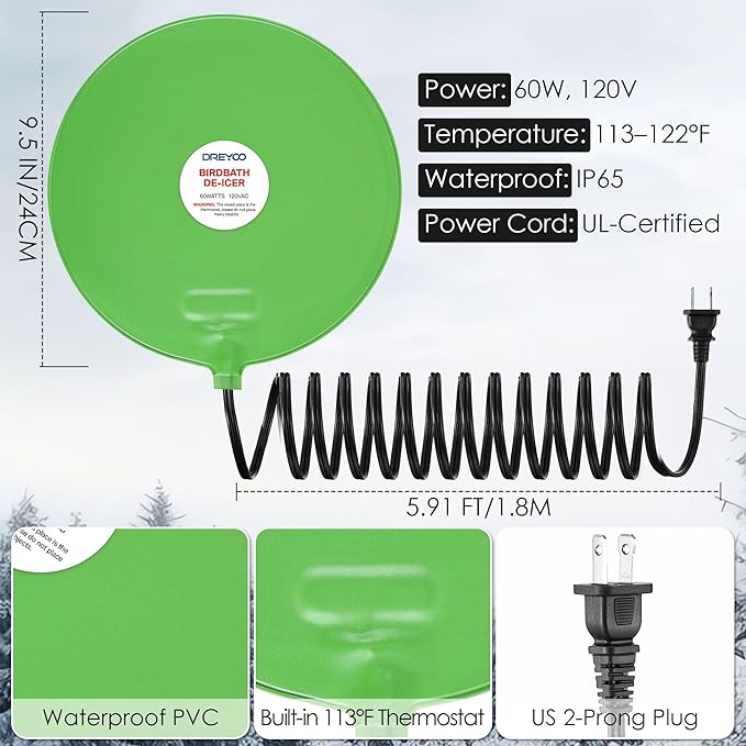 Dreyoo 60W Bird Bath Heater, Submersible De Icer for Outdoor Winter Use, Thermostatic Control, IP65 Waterproof, Chicken Water Heater for Birds, Poultry, Livestock, Wildlife Drinking(1 Pack)
