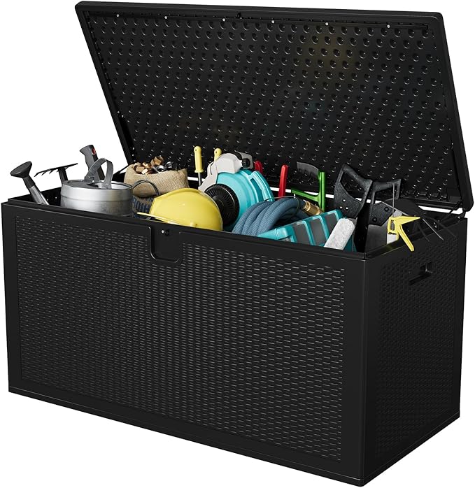 GarveeLife 150 Gallon Outdoor Storage Box, Large Resin Deck Box with Hydraulic Air Rod, Weatherproof & Lockable Outdoor Storage Bin for Patio Cushions, Garden Tools, Pool Supplies, Porch, Black