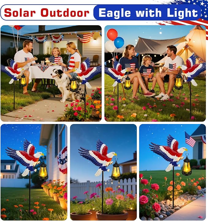 ZFNN 4th of July Decorations Outdoor Solar Lights, Solar Eagle Garden Lights with Lantern, Patriotic Eagle Stake Light for Yard Lawn Garden Patio, Patriotic Decor for Memorial Day Veterans Day 2 Pack