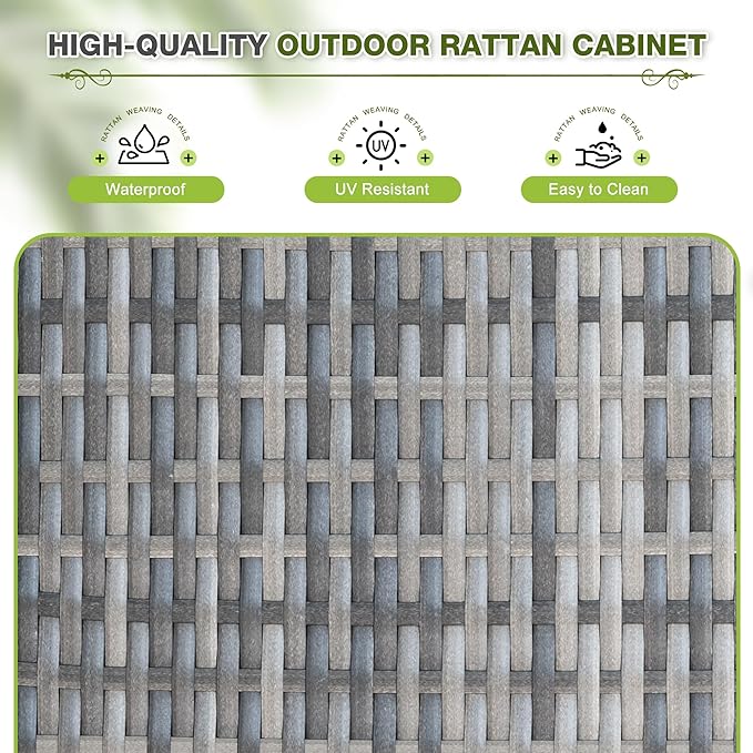Greesum Rattan Storage Shed, Outdoor Towel Rack with 2 Storage Shelves & 1 Bottom Drawer, Suitable for Pool Patio Garden Deck, Grey