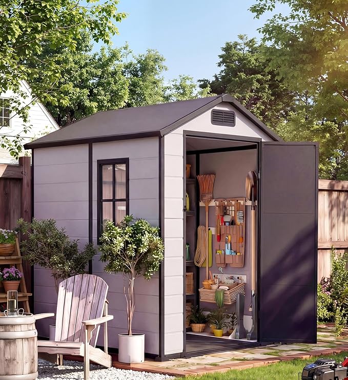 Resin Outdoor Storage Sheds 4x6 ft, Upgraded Double-Wall Outdoor Plastic Shed with Window & Double Doors, Waterproof Lockable Garden Shed (Grayish White + Black, 4 X 6 ft)