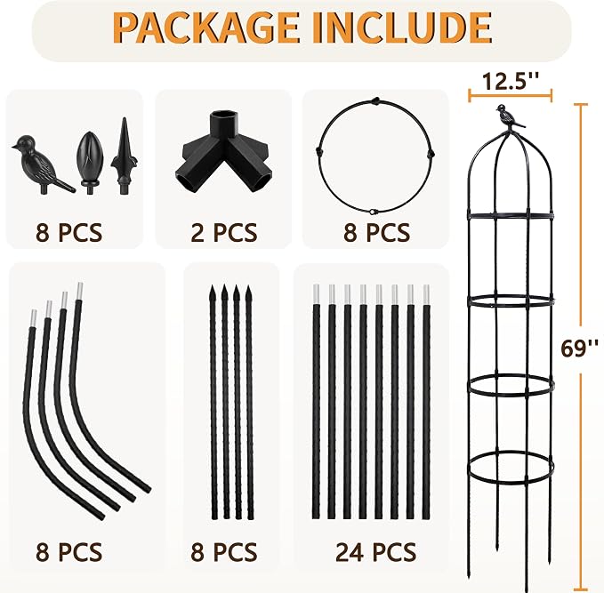 4 Pack Garden Obelisk Trellis for Climbing Plants Outdoor, 6FT Adjustable Metal Plant Support with 3 Decorative Tops, Black Rustproof Trellis for Roses, Tomatoes, Clematis & Vines