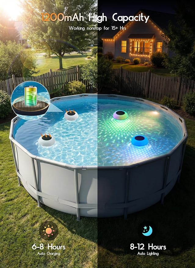 2 in 1 Floating-Pool-Lights-Solar-Powered with Chlorine-Floater, RGBWW-Solar-Pool-Light-Chlorine-Dispenser with 20+ Light Effects, Remote Control, IP68 Waterproof Light for Pools, Hot Tubs, Parties