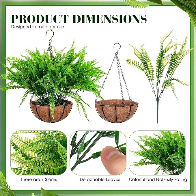 Giegxin 4 Pack Artificial Flowers Outdoor Small Fake Fern Plants 4 Hanging Basket Planters with 30 Pcs Fern Faux UV Resistant Plastic Plants for Front Porch Living Room Garden Decor