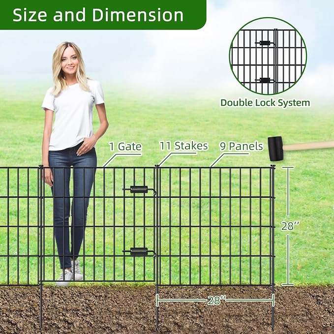FOREHOGAR Metal Garden Fence 28in (H) x 23.3ft (L), 1 Gate + 9 Panels Dog Fence Border Fences Animal Barrier, No Dig Garden Fencing for Yard Flower Bed Lawn Patio Outdoor, PIN282810G Black