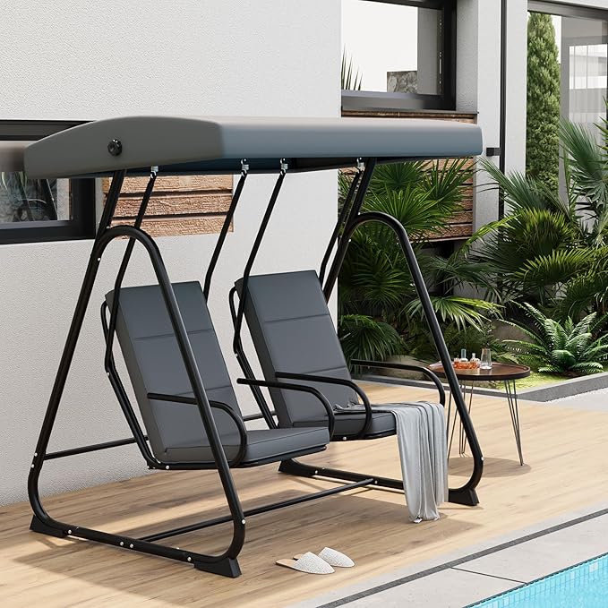 GarveeLife 2 Person Porch Swing Chair, Heavy Duty Outdoor Patio Swing Glider with Adjustable Canopy & Removable Cushions, Independent Swing Chairs for Garden, Balcony, Poolside, Backyard, Dark Grey