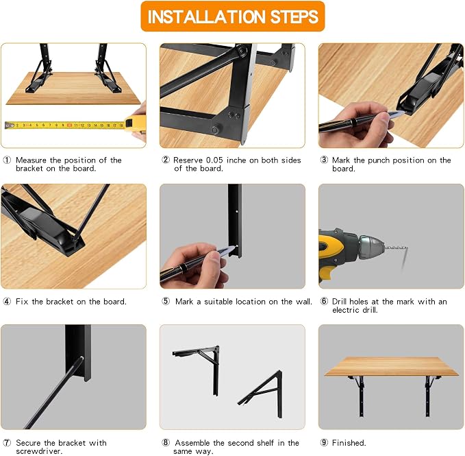 Ultrawall 24 inch Wall Mounted Folding Shelf Brackets and 9PC Garage Tool Hooks