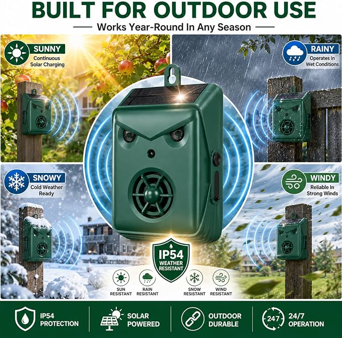 2026 Upgraded Solar Ultrasonic Bird Repellent Devices Outdoor,2 Pcs Woodpecker Deterrent for House,USB Charging & Waterproof Goose Pigeon Bird Deterrents for Outside,Birds Repeller for Garden Orchard