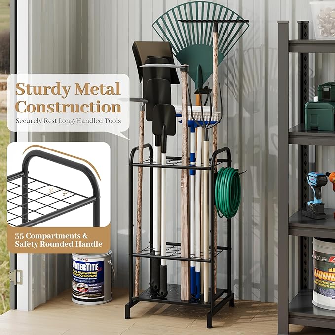 Garden Tool Organizer, Garage Tool Storage Rack, Heavy Duty Metal with Side Pegboard & Adjustable Hooks, Utility Racks for Shed, Patio & Outdoor Use