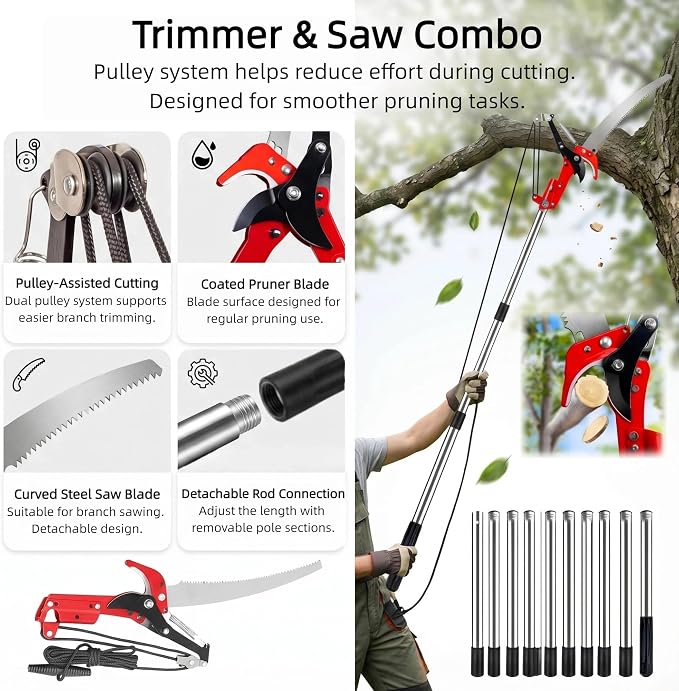 Manual Pole Saw for Tree Trimming, 13.7 Ft Extendable 2-in-1 Tree Pruner with Scissor and Steel Blade, Adjustable Long Handle Branch Cutter Pole Pruner and Pruning Saw for Yard Garden Patio