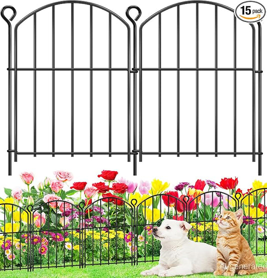 Decorative Garden Fence 17in (H) x15ft (L), Arched Rustproof Metal No Dig Fence for Dogs & Rabbit, Ornamental Animal Barrier for Flower Beds, Border Panels Fencing for Yard & Patio Outdoor Decor