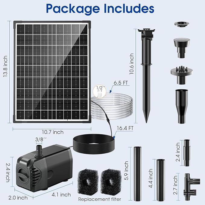 Biling Solar Fountain Pump 20W, 320GPH Submersible Solar Pond Pump with Filtration and Dry Run Protection, 7.5ft Lift, PVC Tubing and Nozzles for DIY Pond Fountain, Waterfall, Outdoor Water Features